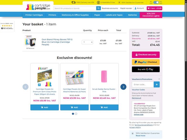 Cartridge People checkout page showing Cartridge People discount code box | Screenshot taken by SimplyCodes community member on Sep 4, 2025