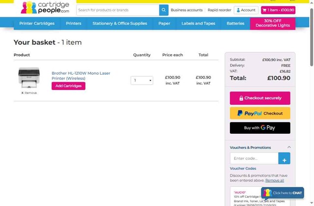 Cartridge People checkout page showing Cartridge People discount code box | Screenshot taken by SimplyCodes community member on Aug 28, 2025