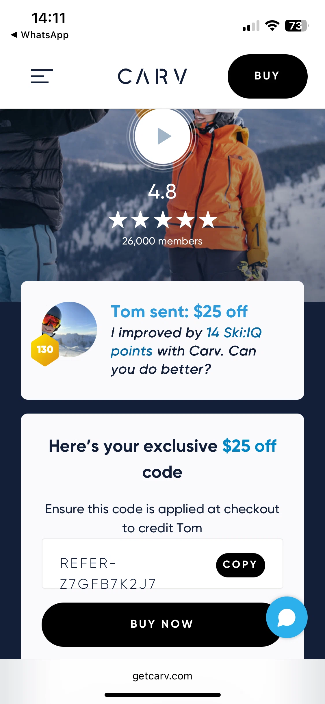 Carv discount code screenshot showing code REFER-Z7GFB7K2J7 applied at Carv checkout page. Uploaded by SimplyCodes community member SaleCurator2273 on Jan 1, 2026
