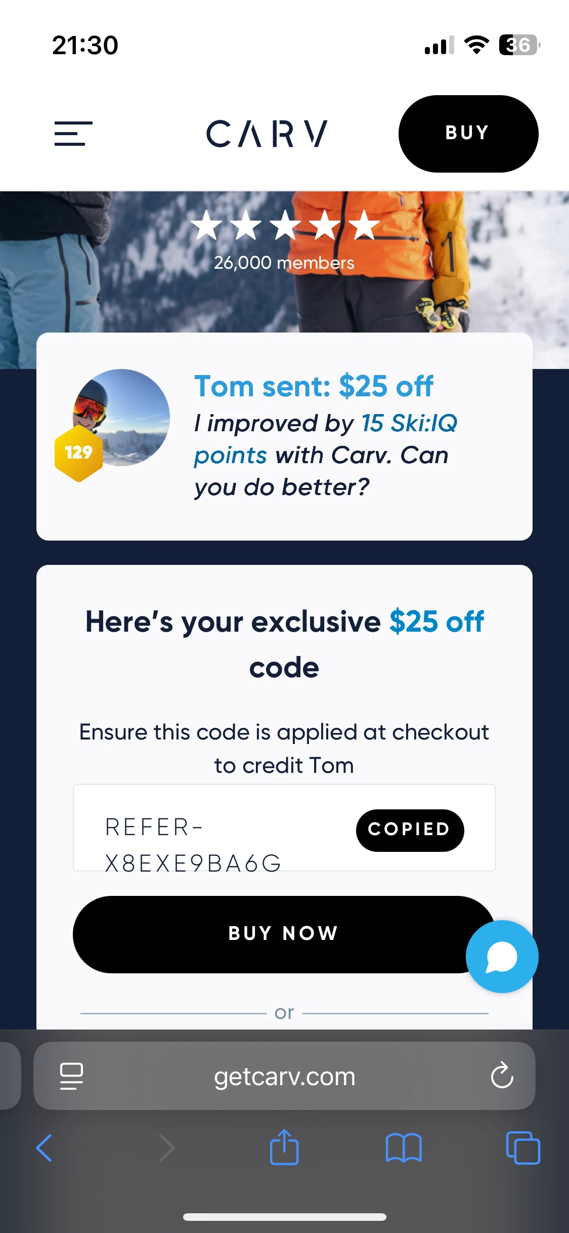 Carv discount code screenshot showing code REFER-X8EXE9BA6G applied at Carv checkout page. Uploaded by SimplyCodes community member SaleCurator2273 on Nov 7, 2025