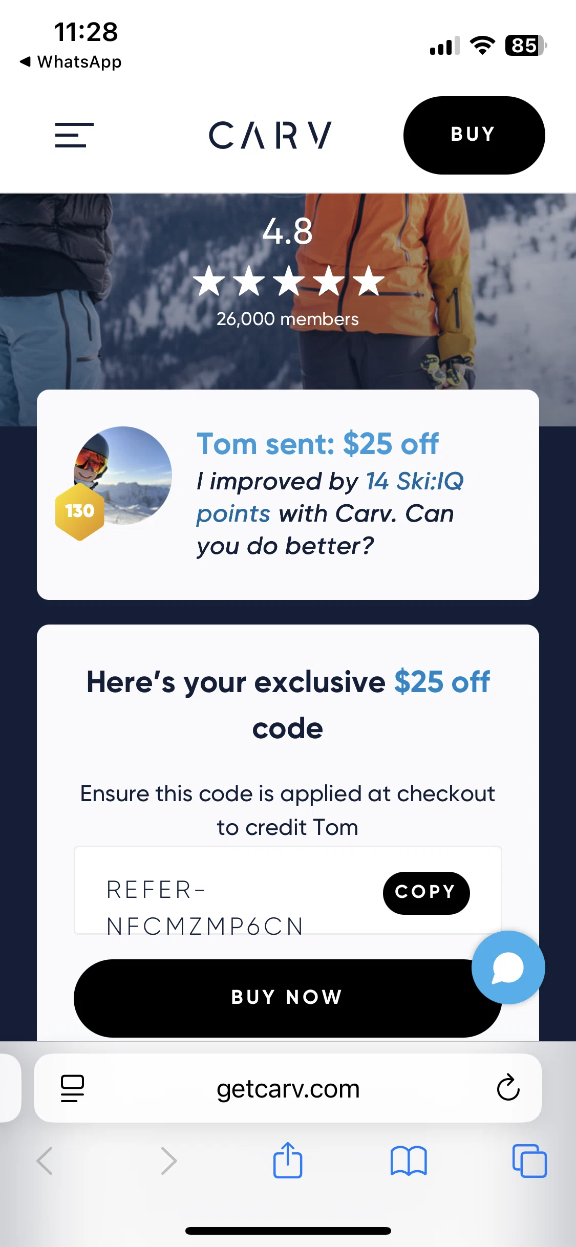 Carv discount code screenshot showing code REFER-NFCMZMP6CN applied at Carv checkout page. Uploaded by SimplyCodes community member SaleCurator2273 on Dec 29, 2025