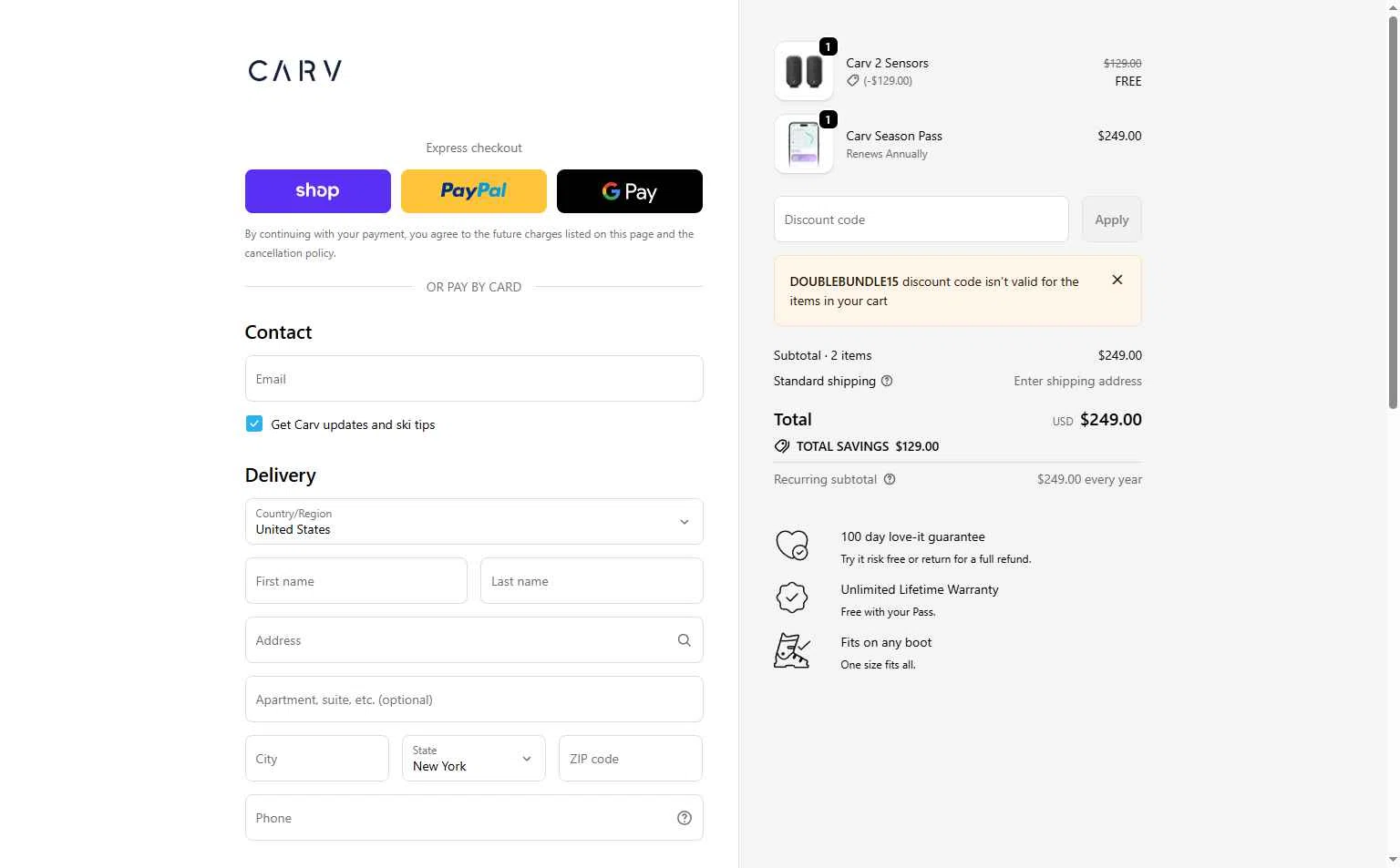 Carv checkout page showing Carv discount code box | Screenshot taken by SimplyCodes community member on Jan 3, 2026