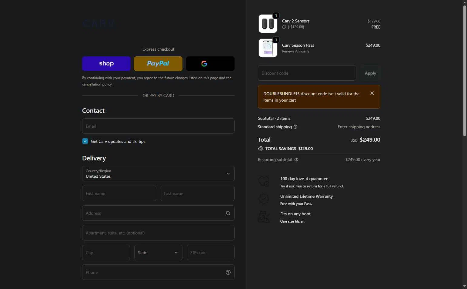 Carv checkout page showing Carv discount code box | Screenshot taken by SimplyCodes community member on Jan 6, 2026