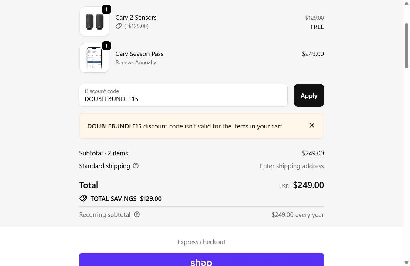 Carv checkout page showing Carv discount code box | Screenshot taken by SimplyCodes community member on Nov 17, 2025