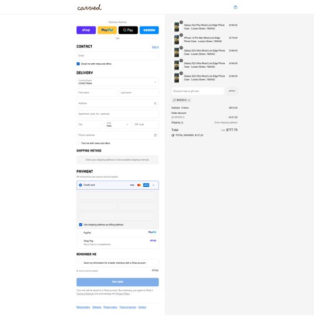 Carved checkout page showing Carved discount code box | Screenshot taken by SimplyCodes community member on Sep 11, 2025