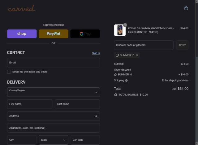 Carved checkout page showing Carved discount code box | Screenshot taken by SimplyCodes community member on Sep 13, 2025