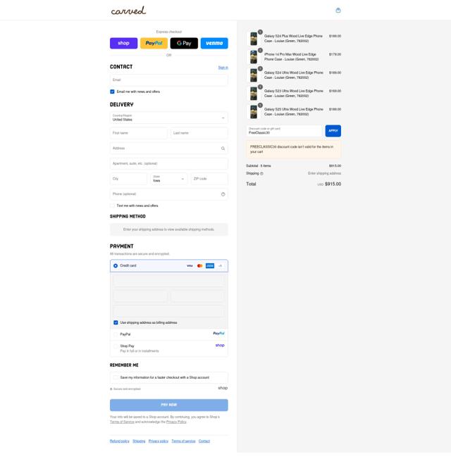 Carved checkout page showing Carved discount code box | Screenshot taken by SimplyCodes community member on Sep 11, 2025
