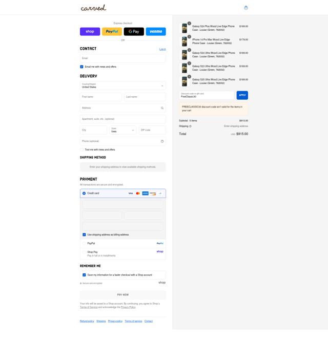 Carved checkout page showing Carved discount code box | Screenshot taken by SimplyCodes community member on Sep 2, 2025
