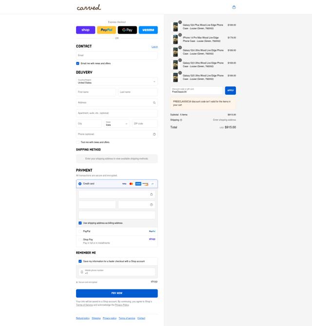 Carved checkout page showing Carved discount code box | Screenshot taken by SimplyCodes community member on Sep 7, 2025