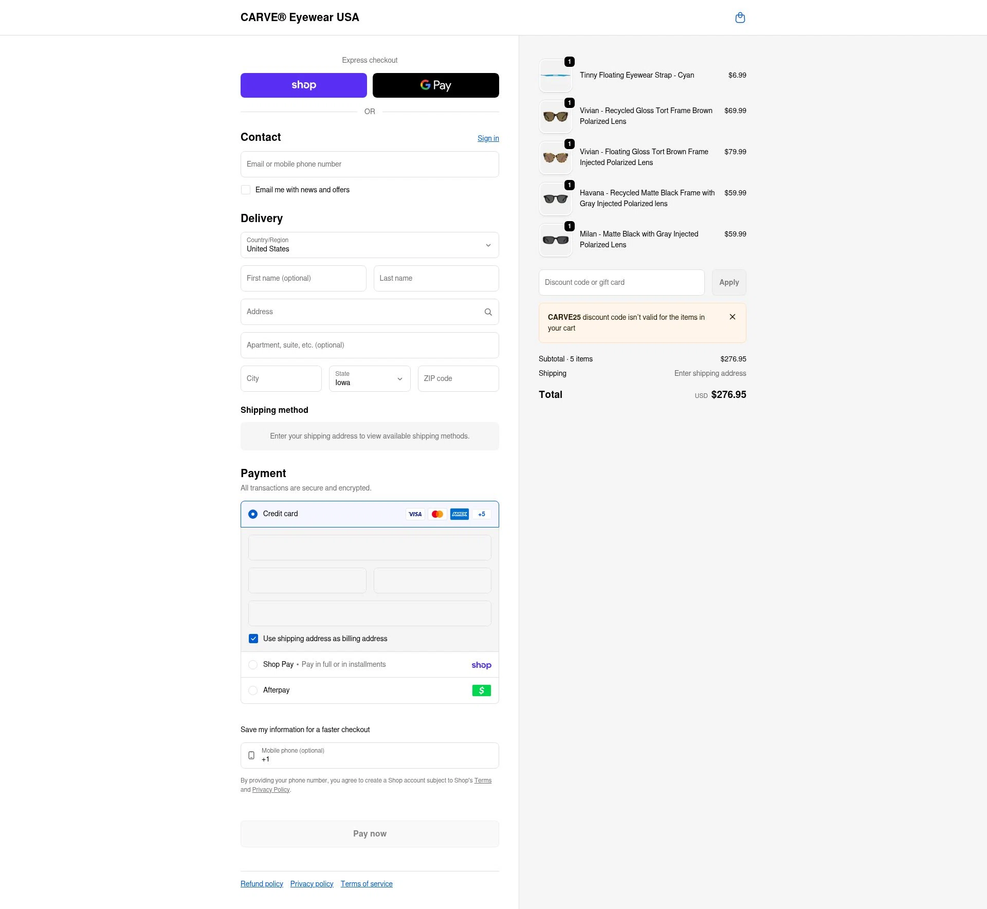 Carve Eyewear checkout page showing Carve Eyewear promo code box | Screenshot taken by SimplyCodes community member on Feb 15, 2026