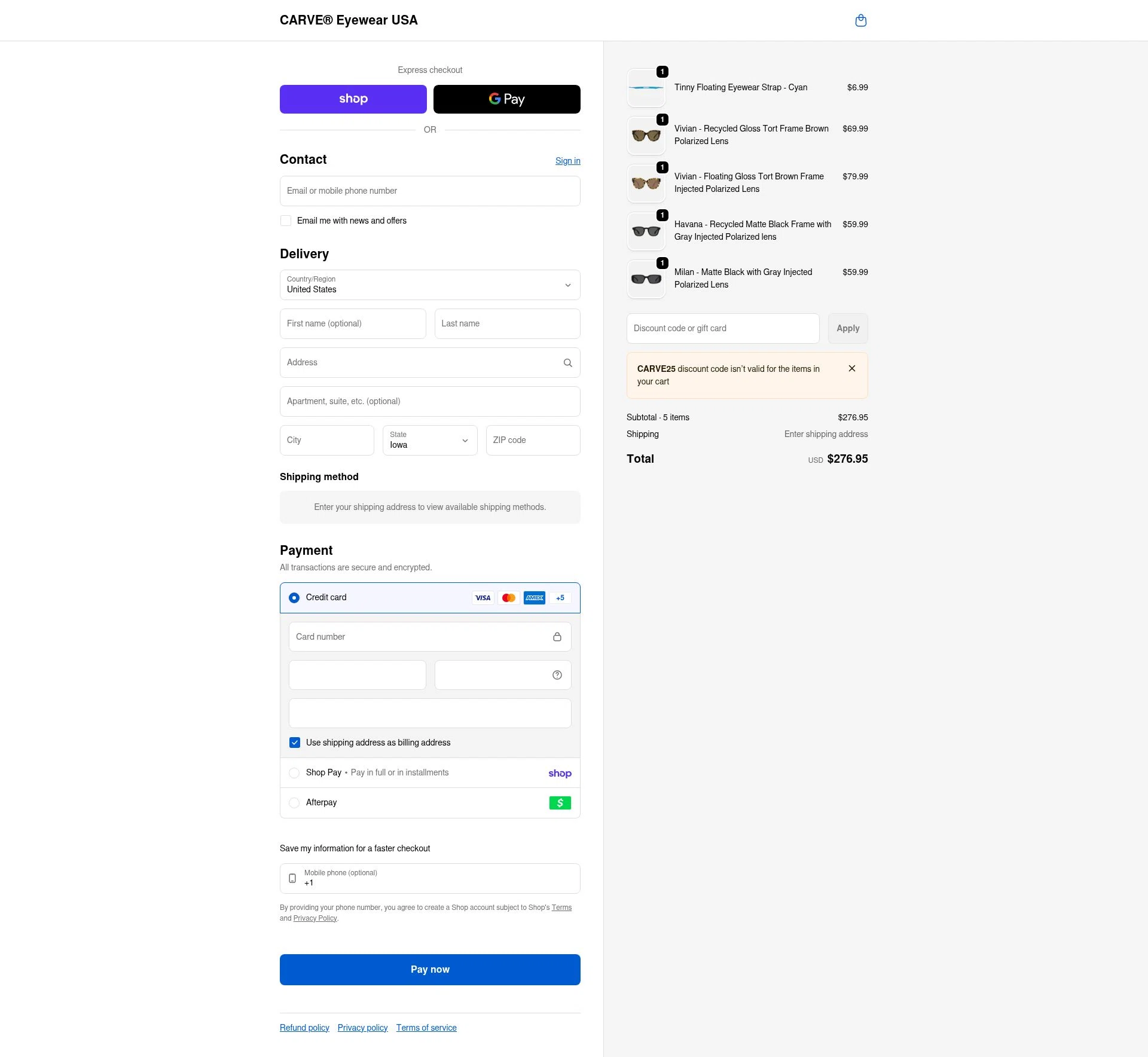 Carve Eyewear checkout page showing Carve Eyewear promo code box | Screenshot taken by SimplyCodes community member on Feb 19, 2026