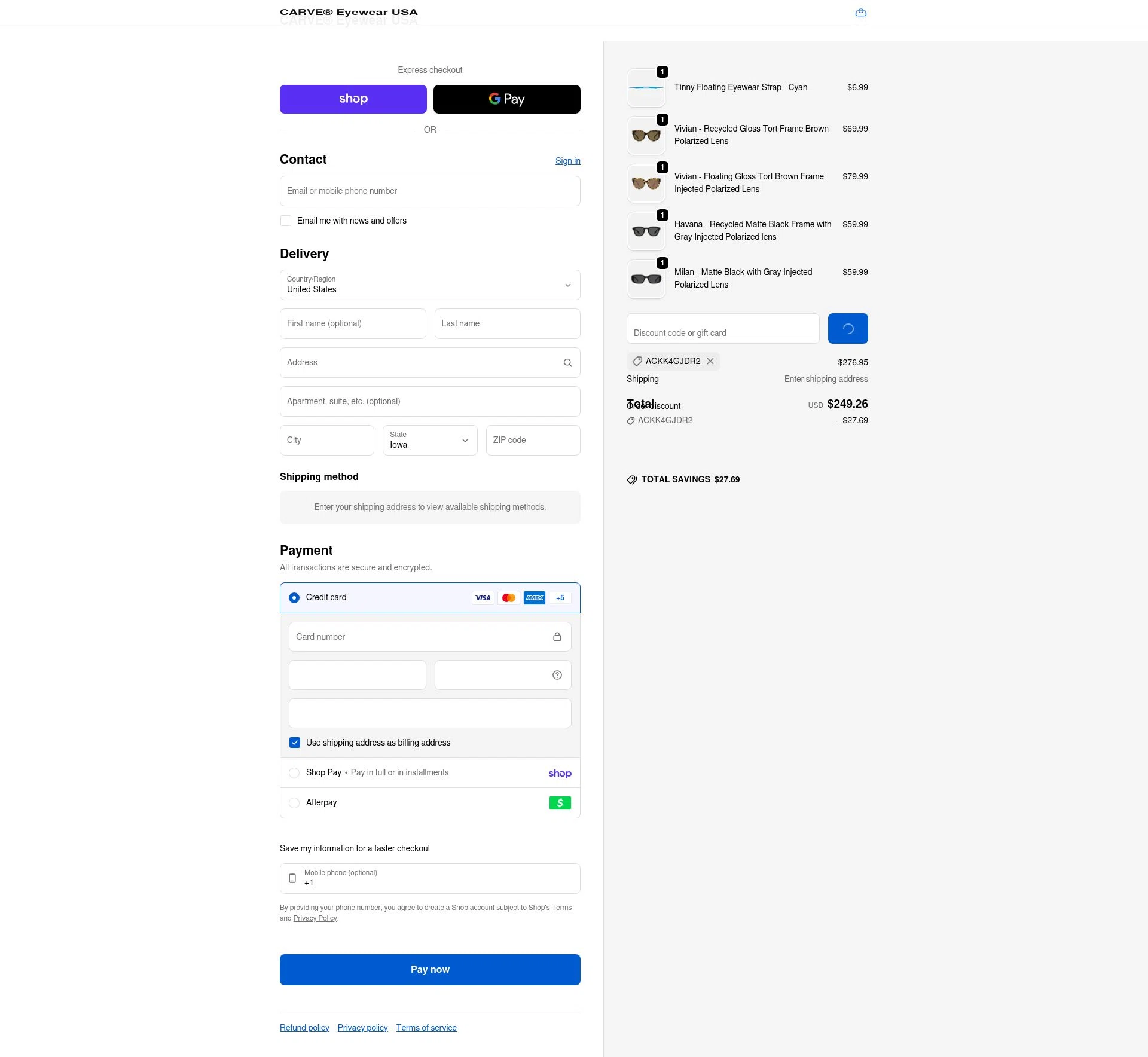 Carve Eyewear checkout page showing Carve Eyewear promo code box | Screenshot taken by SimplyCodes community member on Feb 10, 2026