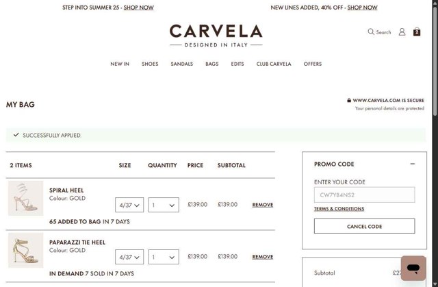 Carvela checkout page showing Carvela promo code box | Screenshot taken by SimplyCodes community member on Jun 16, 2025