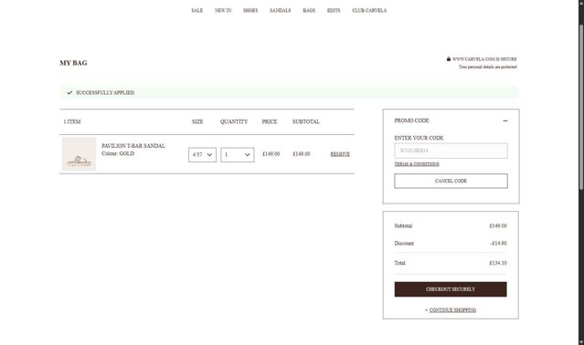 Carvela checkout page showing Carvela promo code box | Screenshot taken by SimplyCodes community member on Jul 6, 2025