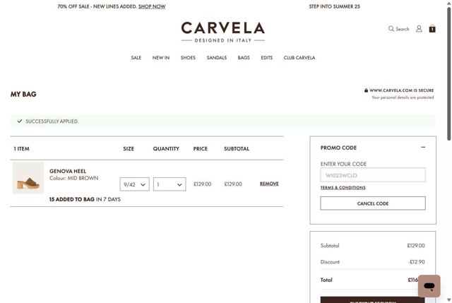 Carvela checkout page showing Carvela promo code box | Screenshot taken by SimplyCodes community member on Jul 15, 2025