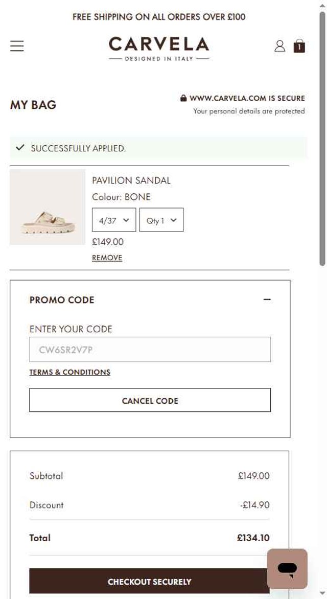 Carvela checkout page showing Carvela promo code box | Screenshot taken by SimplyCodes community member on Aug 18, 2025