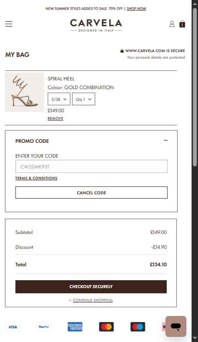 Carvela checkout page showing Carvela promo code box | Screenshot taken by SimplyCodes community member on Aug 15, 2025