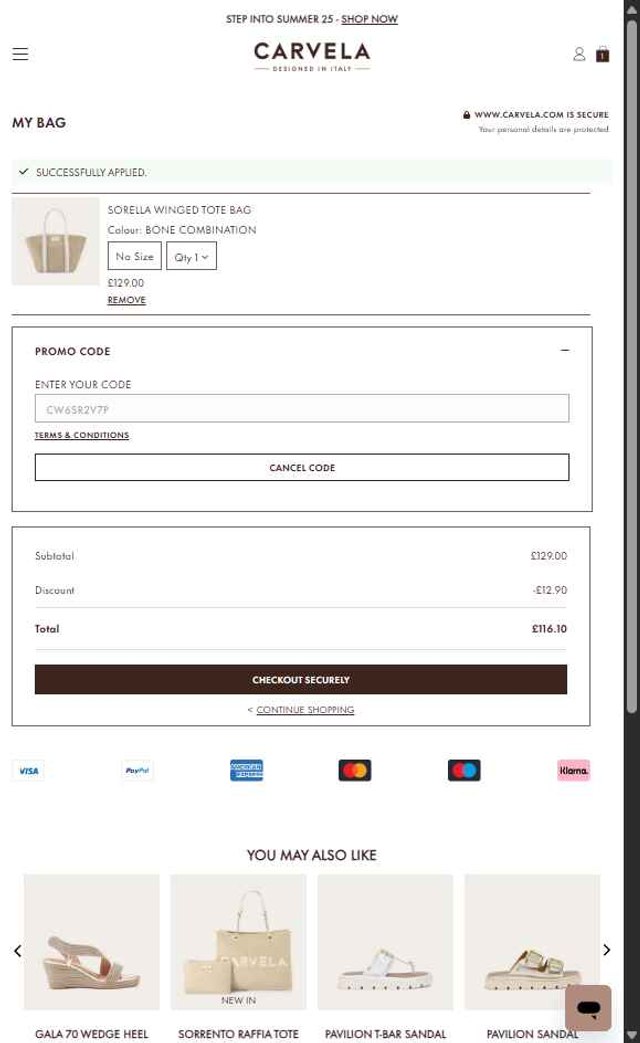 Carvela checkout page showing Carvela promo code box | Screenshot taken by SimplyCodes community member on Jun 1, 2025
