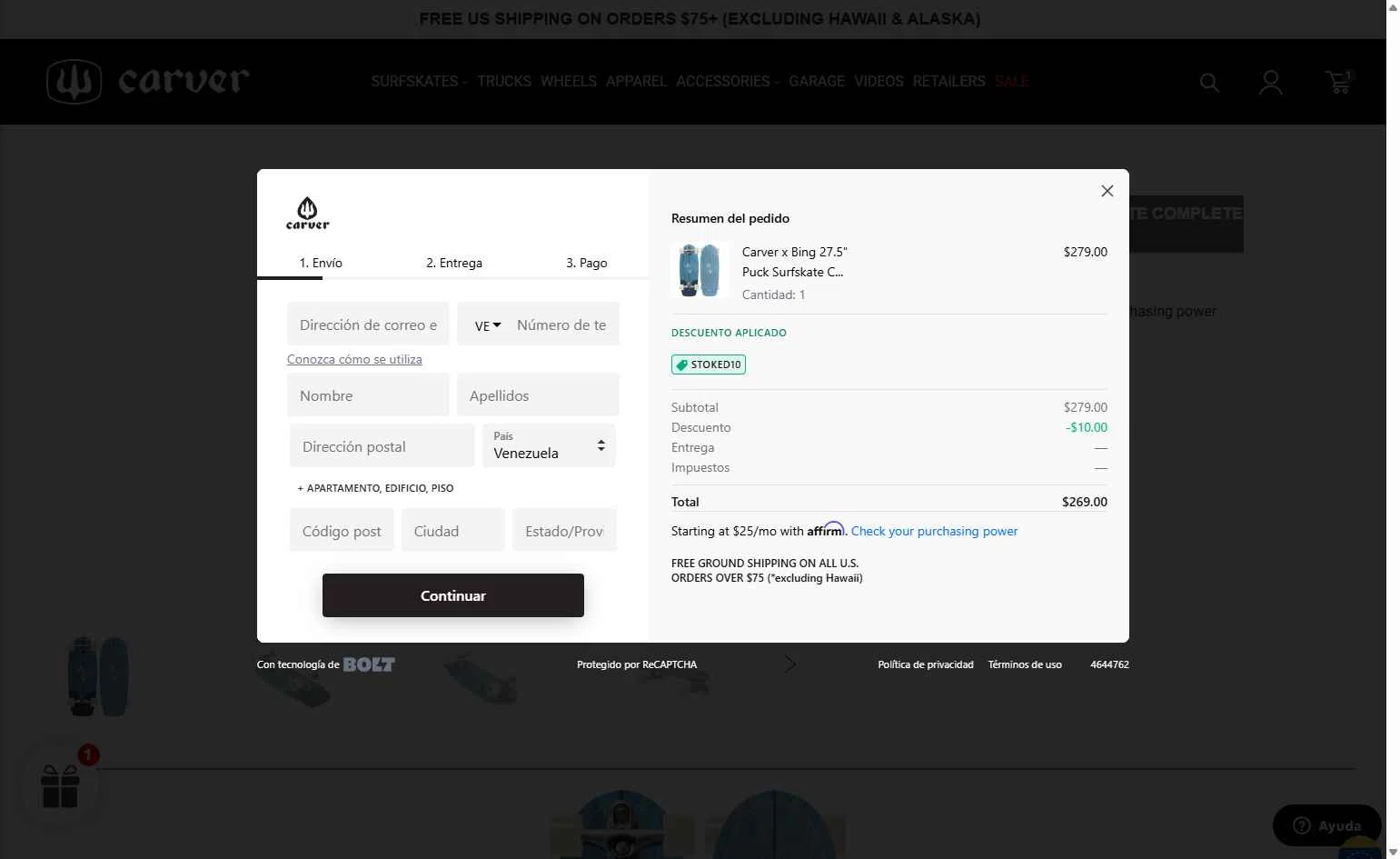 Carver Skateboards checkout page showing Carver Skateboards promo code box | Screenshot taken by SimplyCodes community member on Aug 30, 2025
