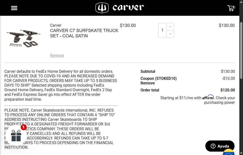 Carver Skateboards checkout page showing Carver Skateboards promo code box | Screenshot taken by SimplyCodes community member on Sep 28, 2025