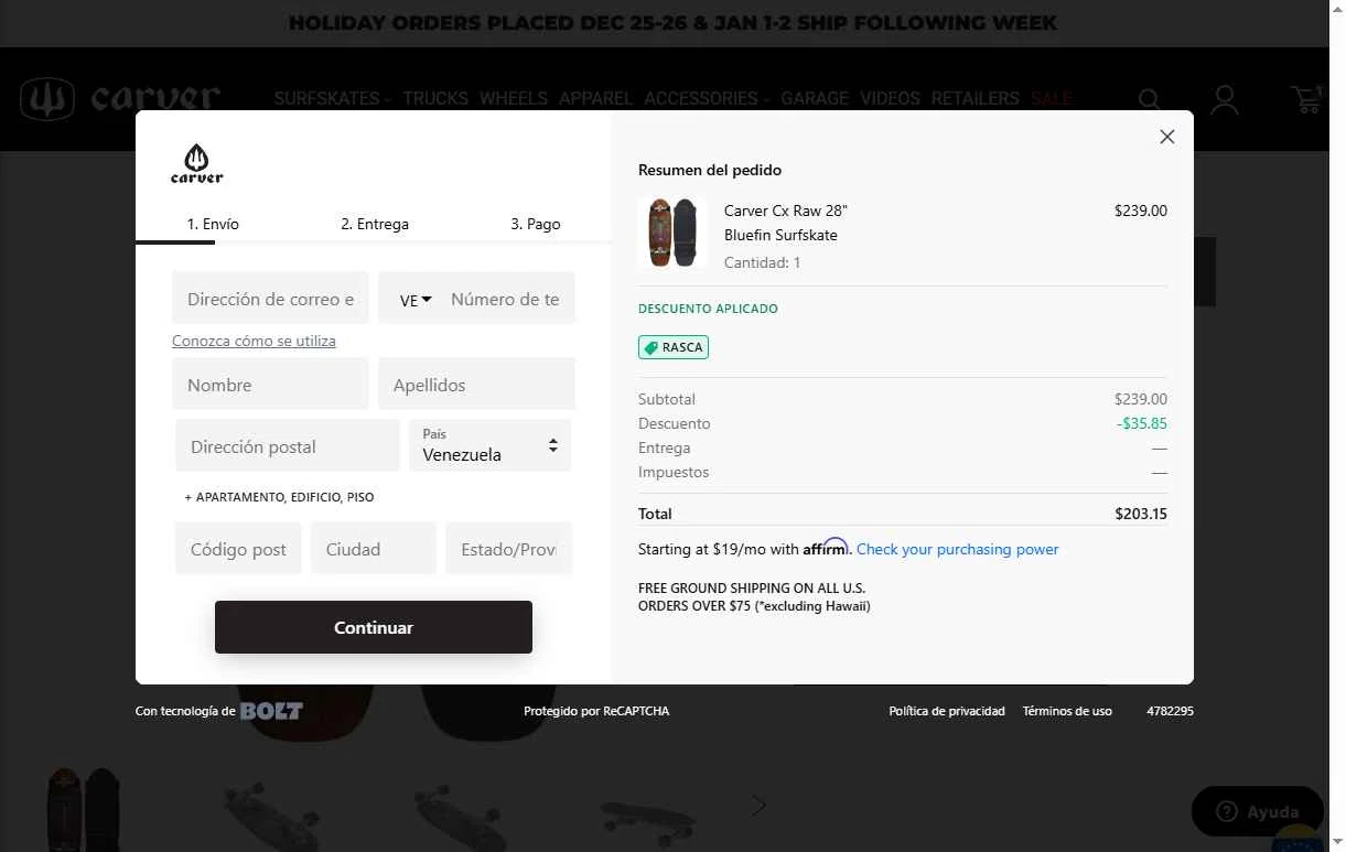 Carver Skateboards checkout page showing Carver Skateboards promo code box | Screenshot taken by SimplyCodes community member on Dec 24, 2025