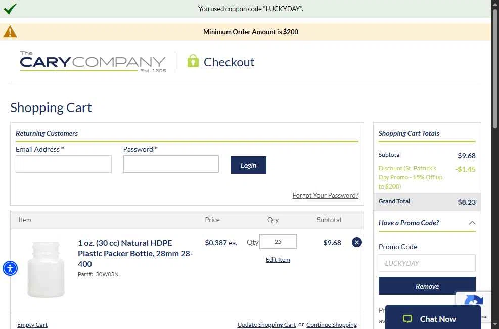 Cary Company checkout page showing Cary Company promo code box | Screenshot taken by SimplyCodes community member on Mar 25, 2025