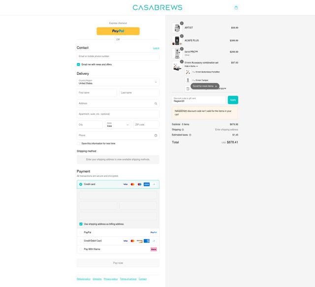 CASABREWS checkout page showing CASABREWS discount code box | Screenshot taken by SimplyCodes community member on Sep 3, 2025