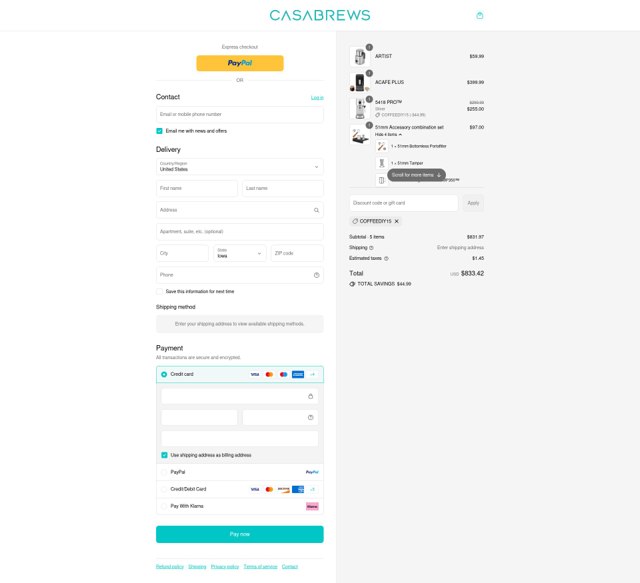 CASABREWS checkout page showing CASABREWS discount code box | Screenshot taken by SimplyCodes community member on Sep 3, 2025