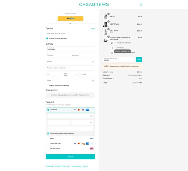 CASABREWS checkout page showing CASABREWS discount code box | Screenshot taken by SimplyCodes community member on Sep 3, 2025