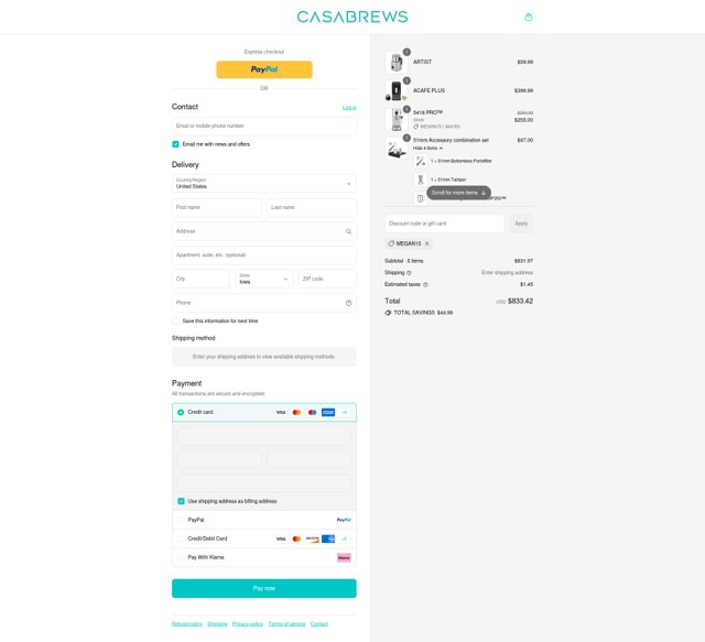 CASABREWS checkout page showing CASABREWS discount code box | Screenshot taken by SimplyCodes community member on Sep 3, 2025