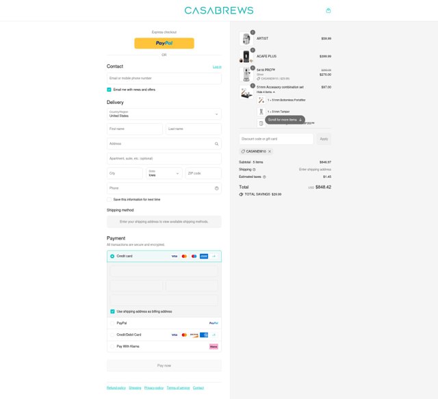 CASABREWS checkout page showing CASABREWS discount code box | Screenshot taken by SimplyCodes community member on Sep 3, 2025