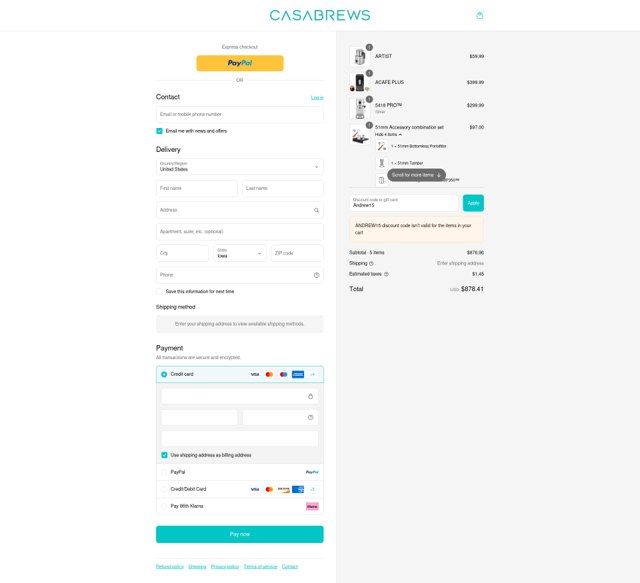 CASABREWS checkout page showing CASABREWS discount code box | Screenshot taken by SimplyCodes community member on Sep 3, 2025