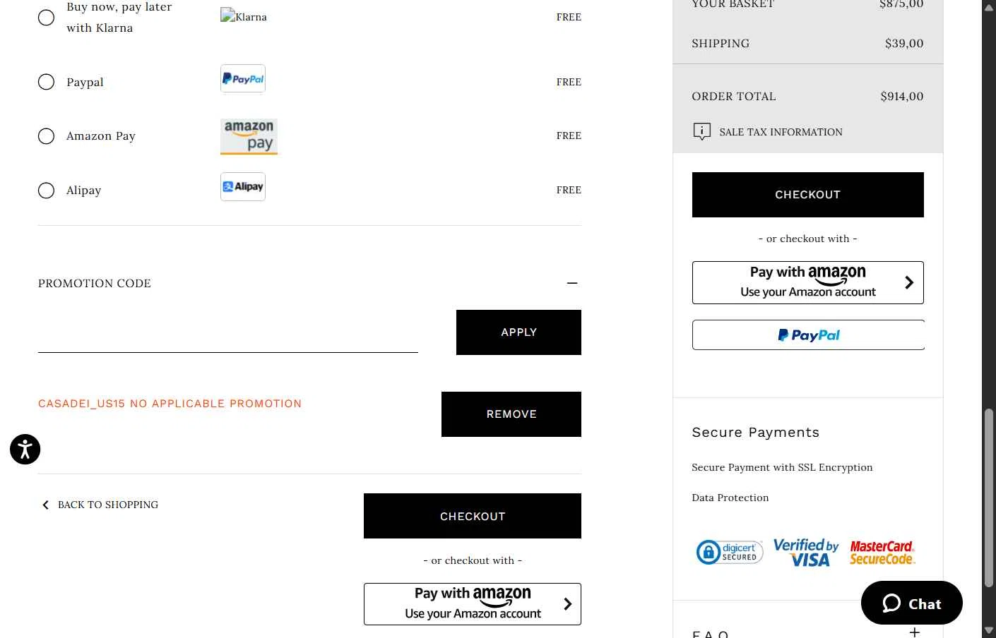Casadei checkout page showing Casadei promo code box | Screenshot taken by SimplyCodes community member on Oct 29, 2025