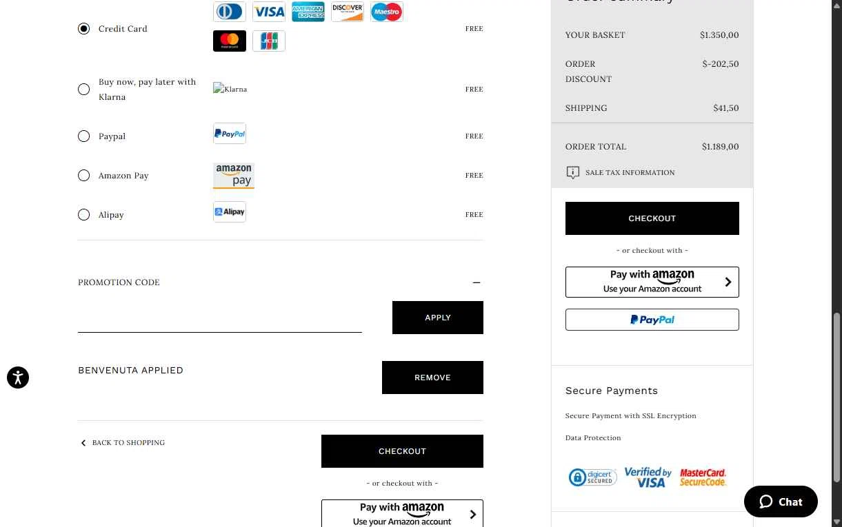 Casadei checkout page showing Casadei promo code box | Screenshot taken by SimplyCodes community member on Feb 13, 2026