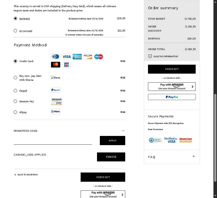 Casadei checkout page showing Casadei promo code box | Screenshot taken by SimplyCodes community member on Nov 12, 2025