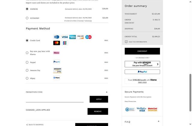 Casadei checkout page showing Casadei promo code box | Screenshot taken by SimplyCodes community member on Sep 22, 2025