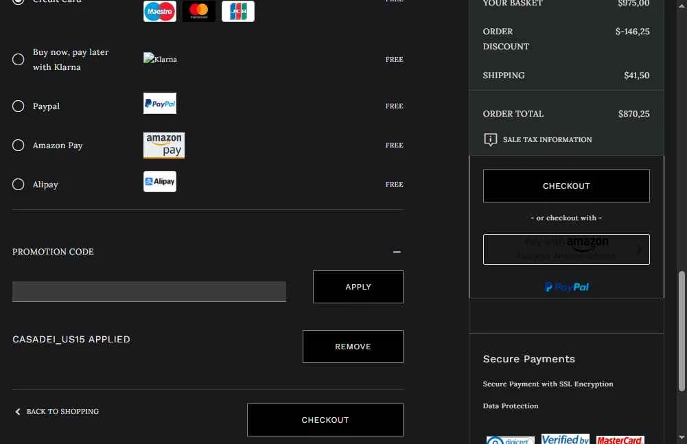 Casadei checkout page showing Casadei promo code box | Screenshot taken by SimplyCodes community member on Feb 5, 2026