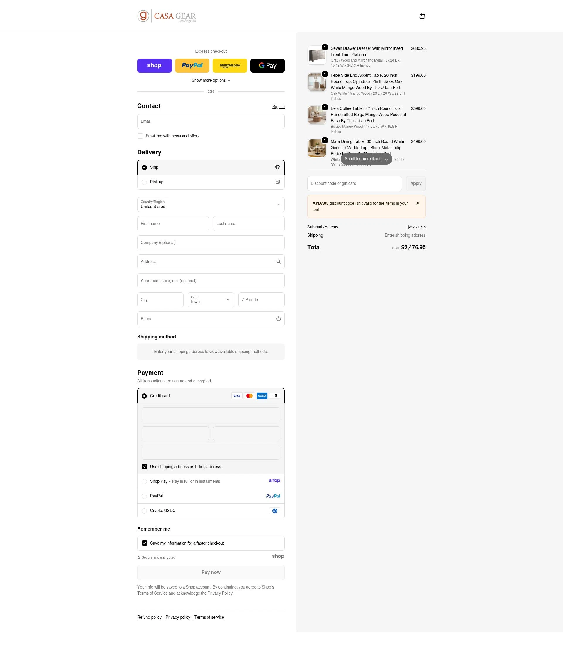 Casagear checkout page showing Casagear discount code box | Screenshot taken by SimplyCodes community member on Jan 7, 2026