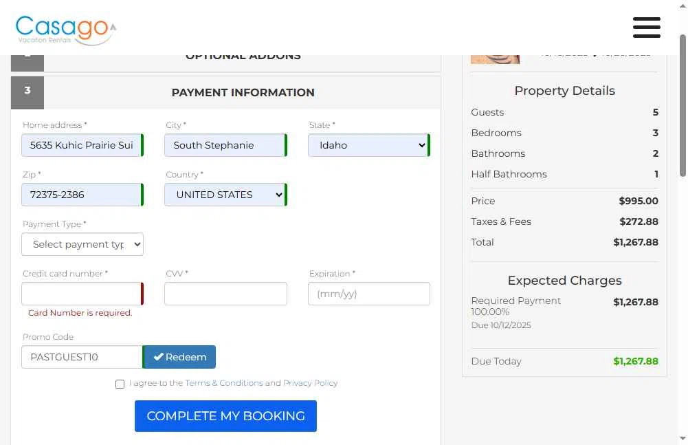 Casago checkout page showing Casago promo code box | Screenshot taken by SimplyCodes community member on Oct 12, 2025