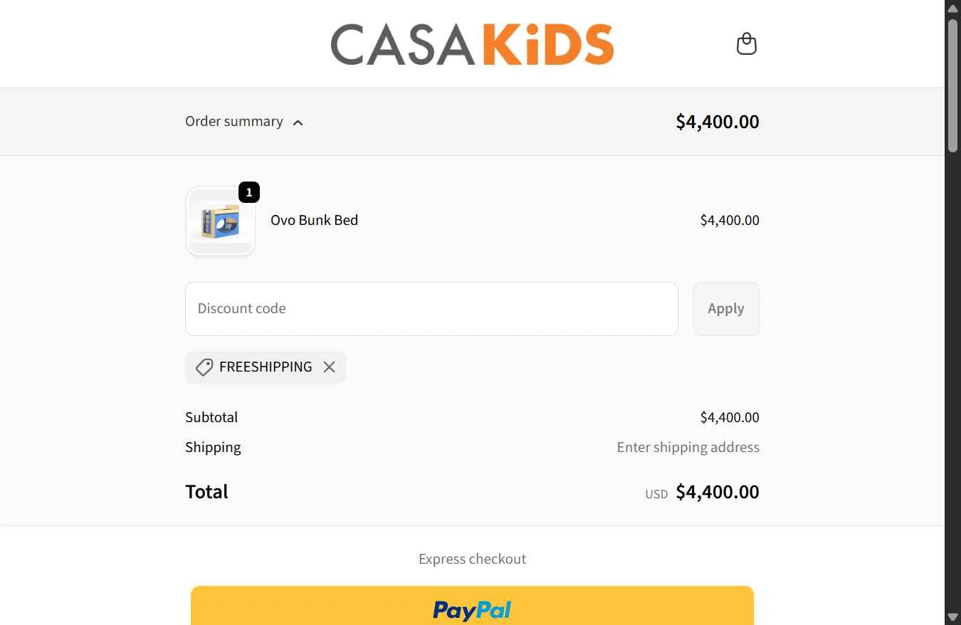 Casa Kids checkout page showing Casa Kids promo code box | Screenshot taken by SimplyCodes community member on Nov 7, 2025