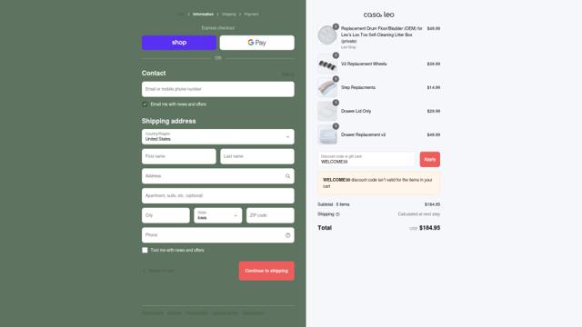 Casa Leo checkout page showing Casa Leo discount code box | Screenshot taken by SimplyCodes community member on Sep 17, 2025