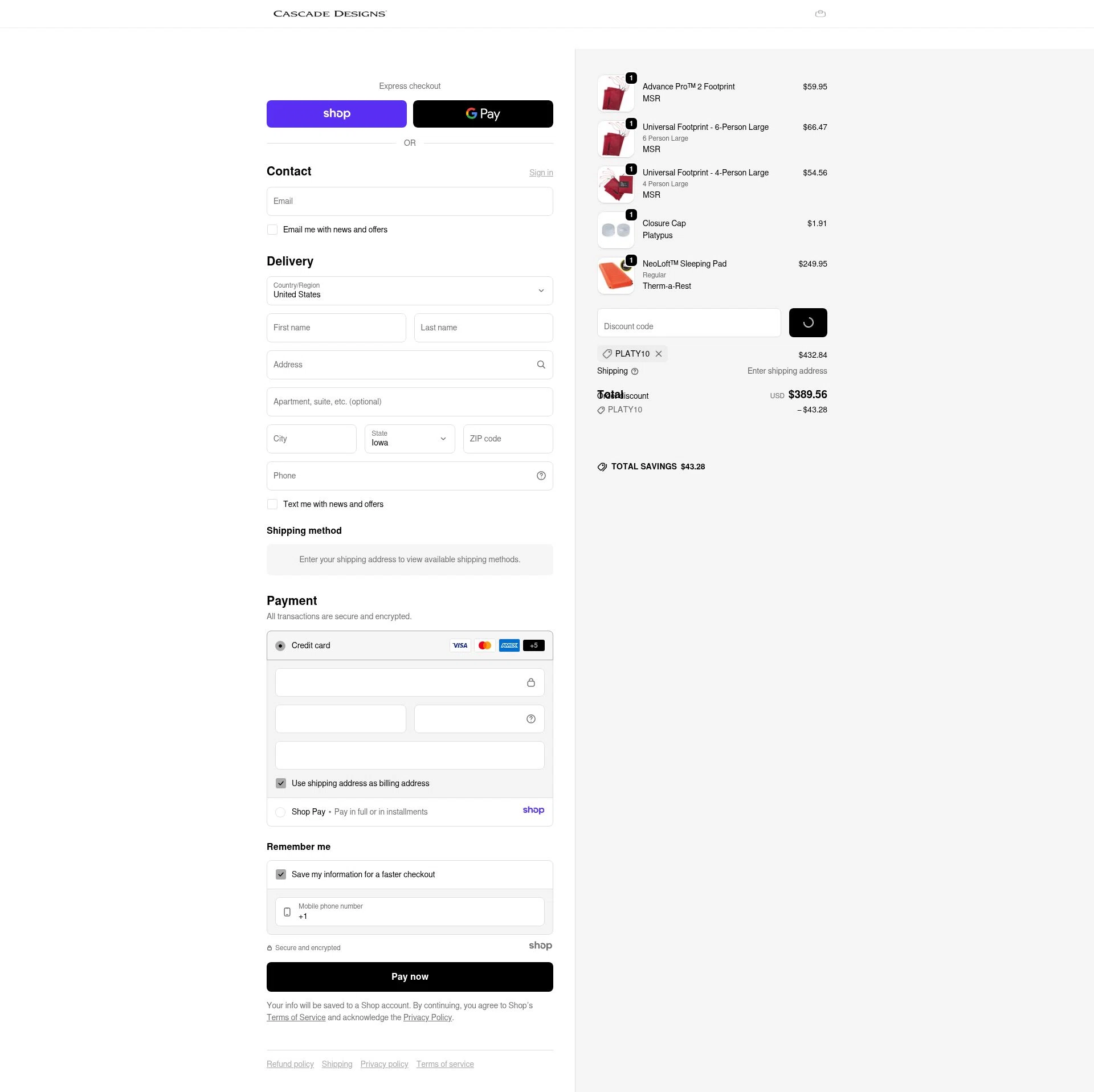 Cascade Designs checkout page showing Cascade Designs promo code box | Screenshot taken by SimplyCodes community member on Jan 5, 2026
