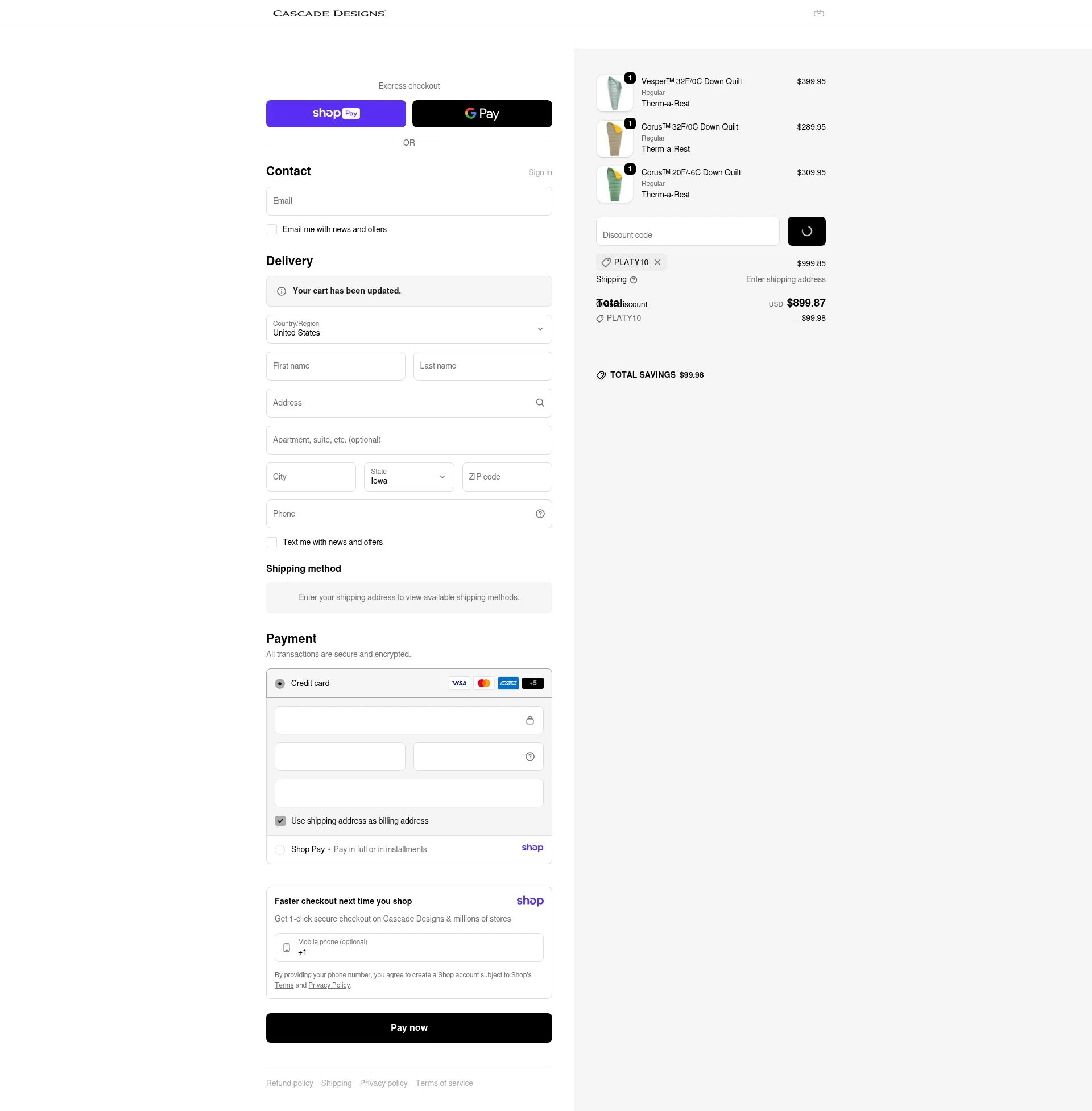 Cascade Designs checkout page showing Cascade Designs promo code box | Screenshot taken by SimplyCodes community member on Jan 10, 2026