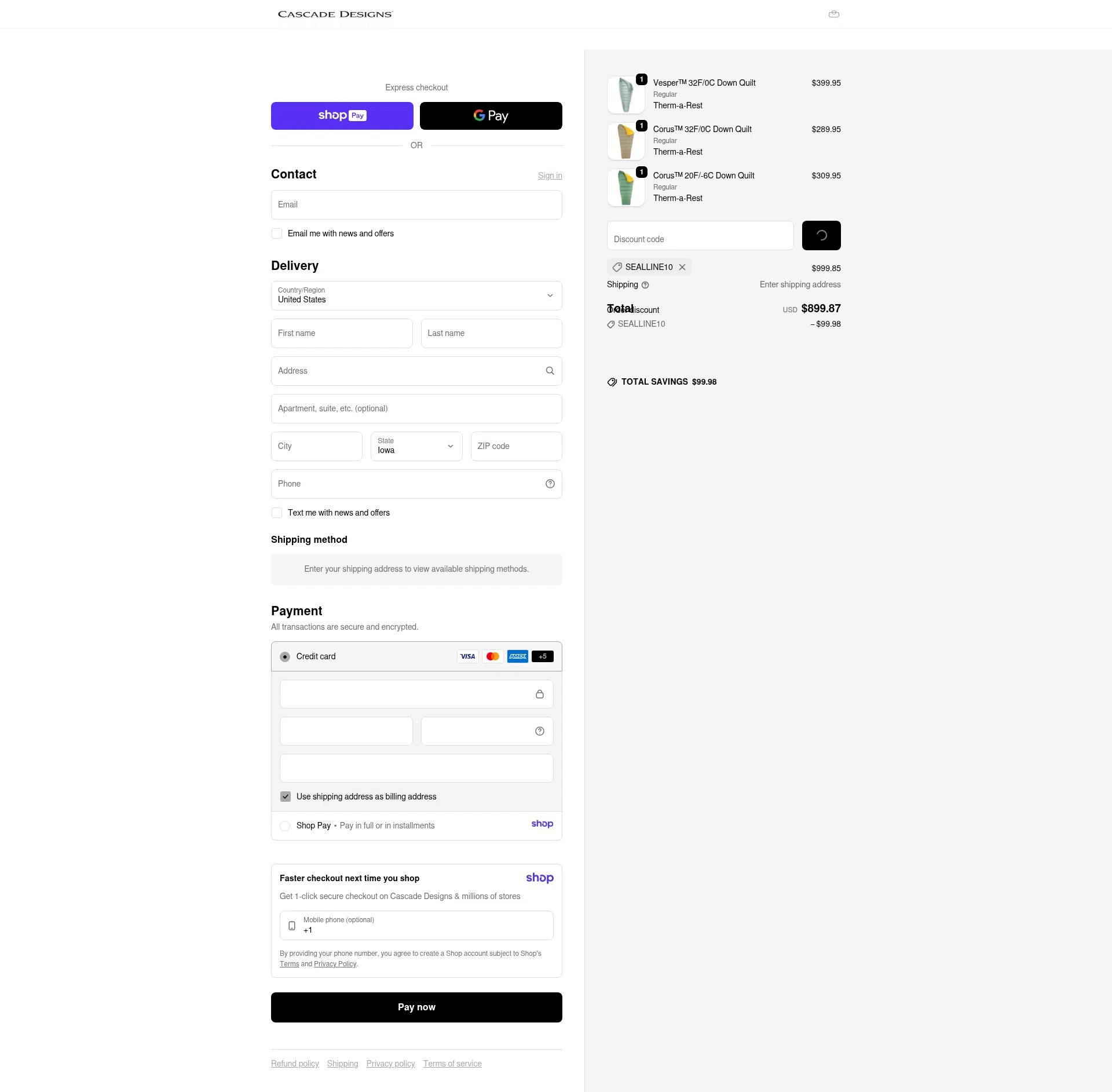 Cascade Designs checkout page showing Cascade Designs promo code box | Screenshot taken by SimplyCodes community member on Jan 10, 2026