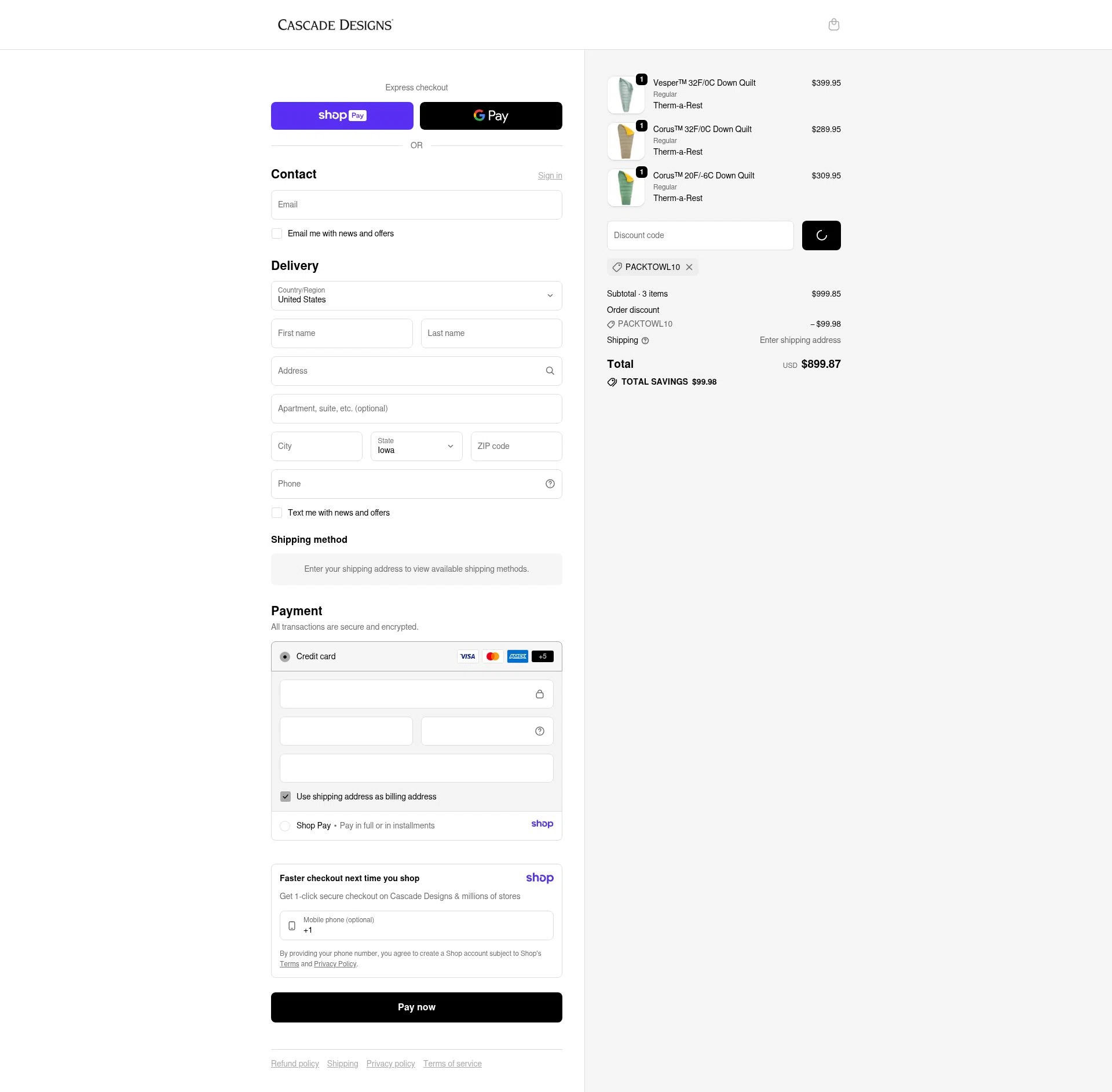 Cascade Designs checkout page showing Cascade Designs promo code box | Screenshot taken by SimplyCodes community member on Jan 10, 2026