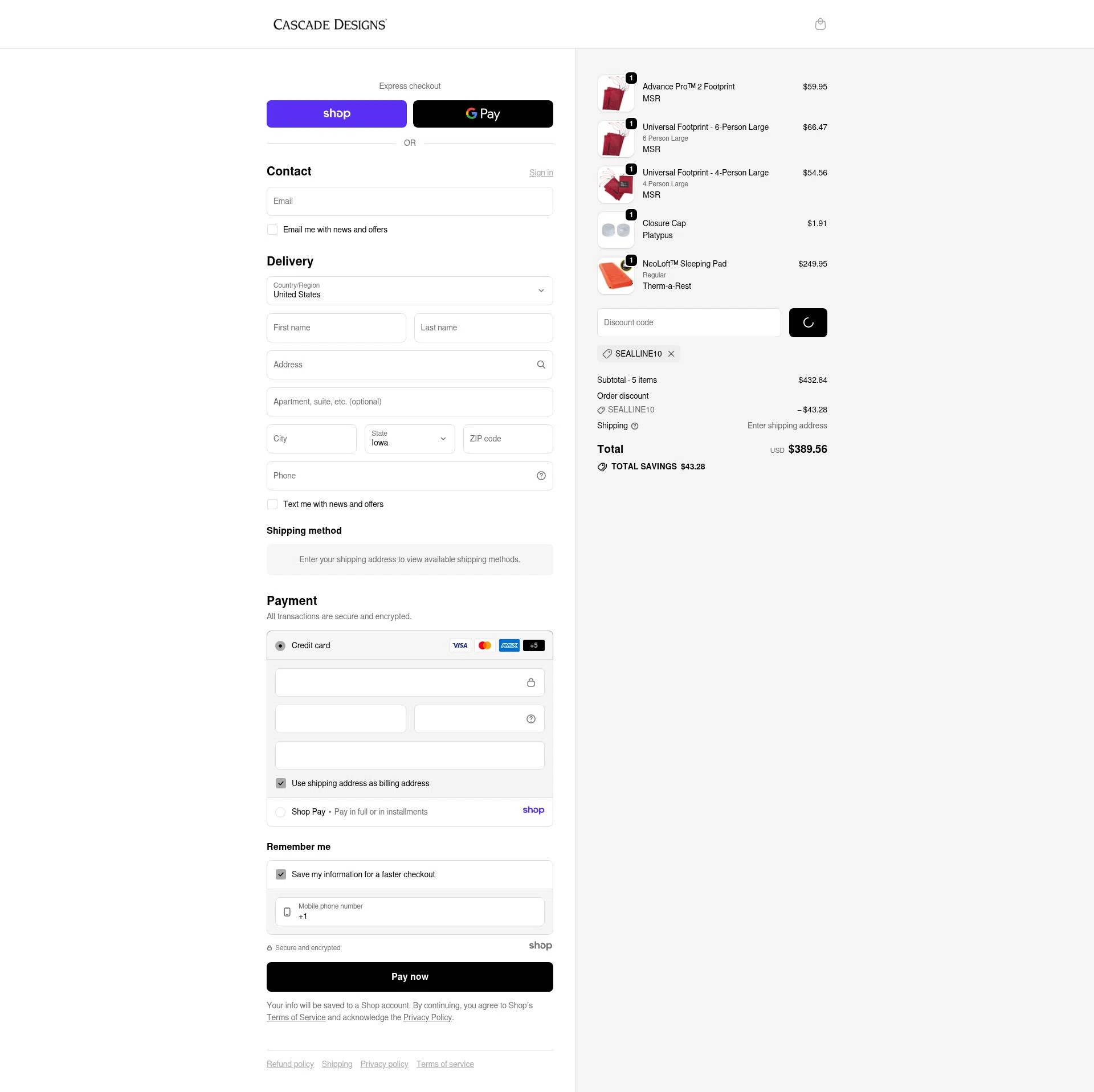 Cascade Designs checkout page showing Cascade Designs promo code box | Screenshot taken by SimplyCodes community member on Jan 5, 2026