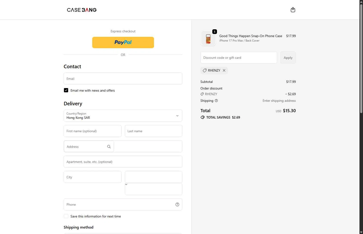 Casebang checkout page showing Casebang discount code box | Screenshot taken by SimplyCodes community member on Feb 13, 2026