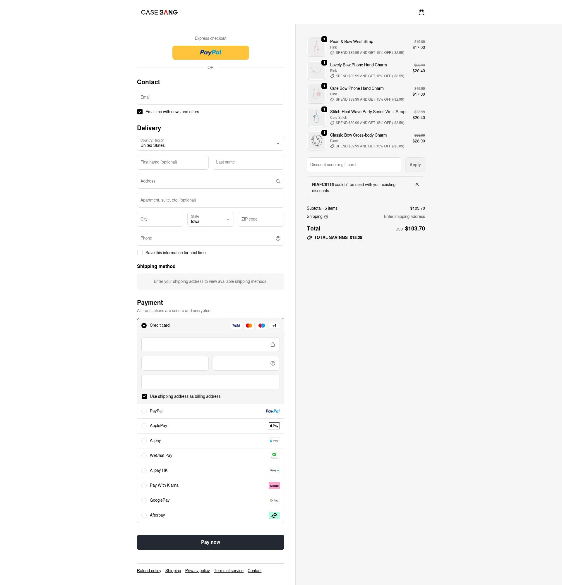 Casebang checkout page showing Casebang discount code box | Screenshot taken by SimplyCodes community member on Feb 13, 2026