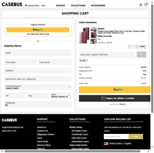 Casebus checkout page showing Casebus coupon code box | Screenshot taken by SimplyCodes community member on Aug 13, 2025
