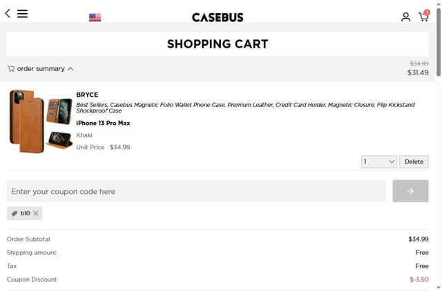 Casebus checkout page showing Casebus coupon code box | Screenshot taken by SimplyCodes community member on Aug 13, 2025
